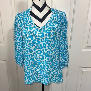 ANNIE GRIFFIN White & Blue Animal Print Silk Blouse